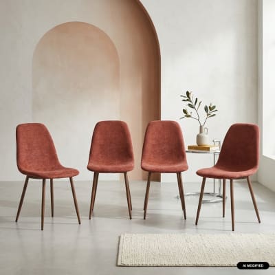 Lot de 4 chaises décor bois teinte noyer et tissu rouge