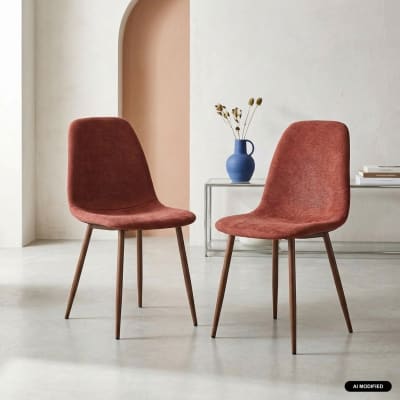 Lot de 2 chaises décor bois teinte noyer et tissu rouge