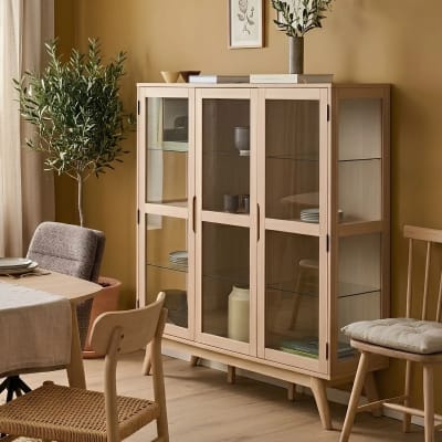 Vitrine 3 portes vitrée en chêne blanchi l140