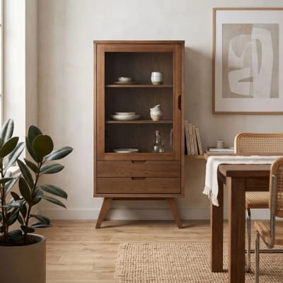 Vitrine scandinave en chêne fumé 1 porte 2 tiroirs