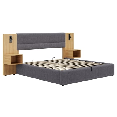 Lit coffre 160 x 200 cm en polyester gris et naturel avec 2 chevets