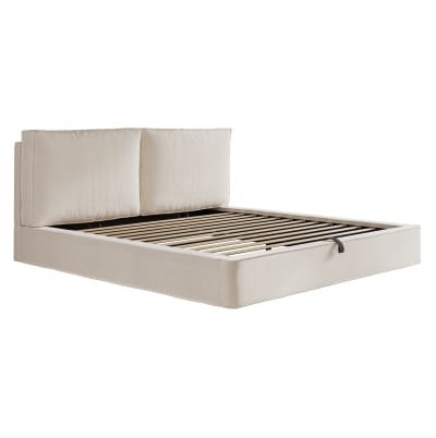Lit double coffre en polyester effet velours beige 180 x 200 cm