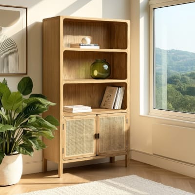 Bibliothèque 2 portes 3 étagères h180cm en bois de mindi et rotin