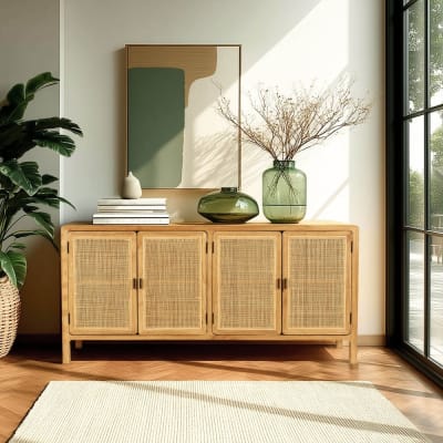 Buffet 4 portes 170cm en bois de mindi et rotin naturel