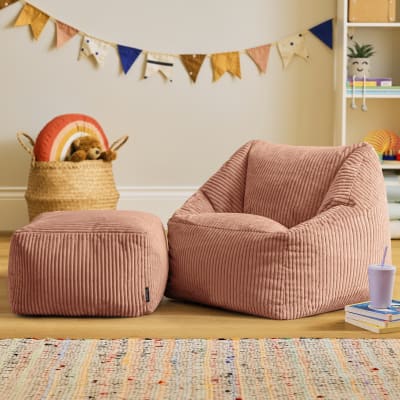 Pouf fauteuil enfant et repose-pieds carré velours côtelé rose aube