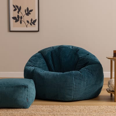 Pouf fauteuil large xl avec repose-pied velours côtelé bleu canard