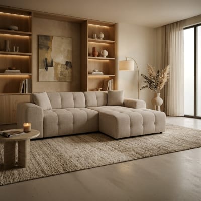Canapé d'angle convertible en tissu beige - angle droit