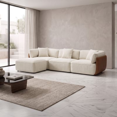 Canapé d'angle modulable en tissu beige dossier en simili cuir marron