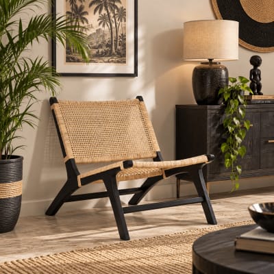 Fauteuil en teck et rotin noir 65x78x68 cm