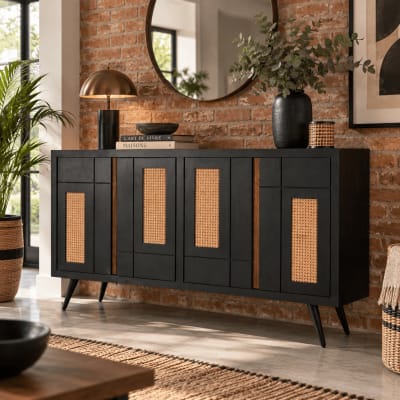 Buffet en manguier et rotin noir 160x40x90 cm