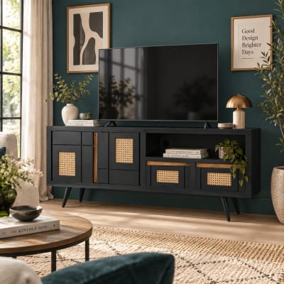 Meuble tv en manguier et rotin noir 145x40x60 cm