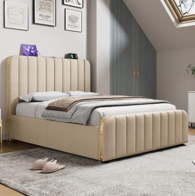 Lit coffre adulte140x190 cm avec usb typ-c, lin beige