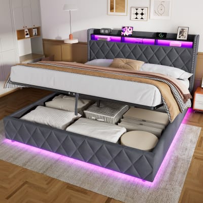 Lit coffre double 180x200 cm avec led et ports usb, velours gris foncé