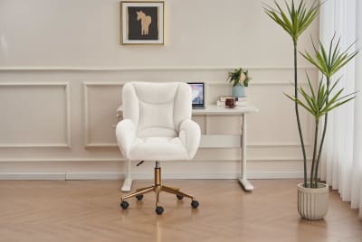 Fauteuil de bureau tissu teddy blanc pivotante, base métal réglable