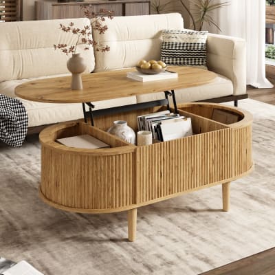 Table basse ovale relevable avec rangement 100x48x54.5 cm chêne