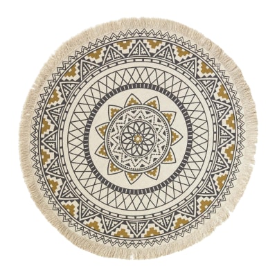 Tapis rond mandala en coton noir et jaune 145 cm