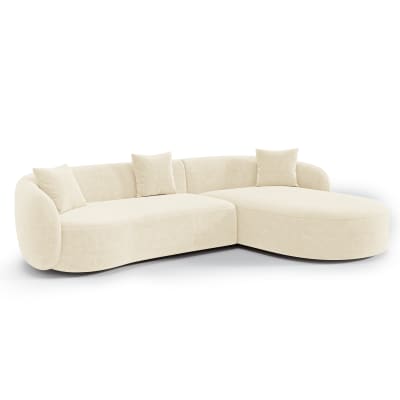 Canapé d'angle droit 4 places en tissu tramé toucher doux crème