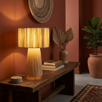 Lampe en raphia et acier marron 27x27x40 cm
