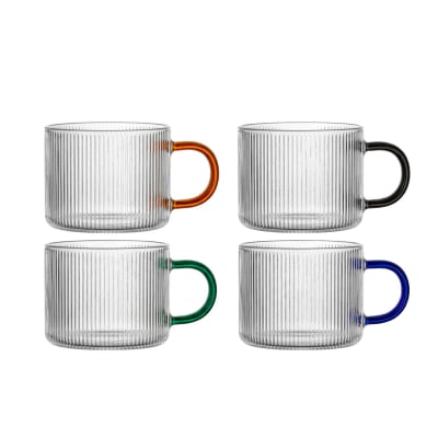 Set de 4 tasses à café en verre strié et anses colorées 120ml