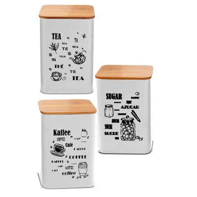 Set de 3 boîtes de cuisine en métal blanc et bois café, thé, sucre 9.5