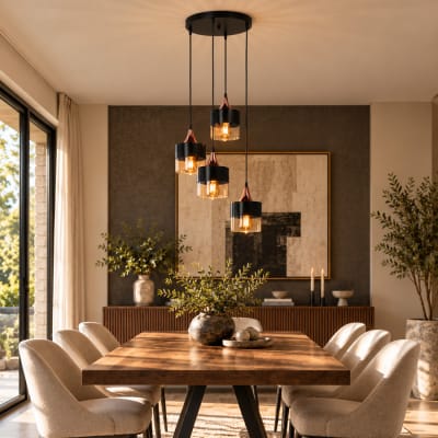 Lustre 4 suspensions en verre ambré métal noir et effet cuivre