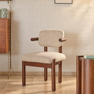 Chaise en mindi massif marron et tissu texturé beige chiné