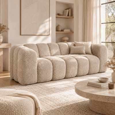 Canapé compressé 3 places en tissu bouclé beige l214 cm