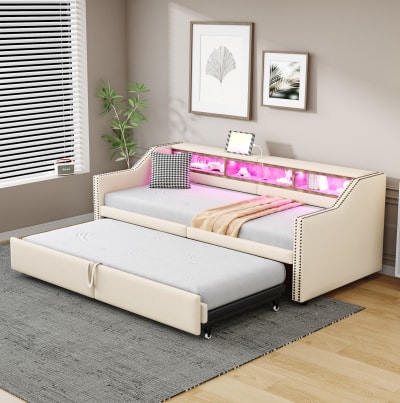 Canapés-lit en lin avec rangement led usb beige 90/180x200 cm