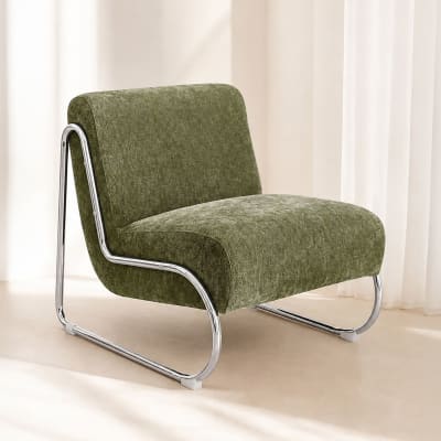 Fauteuil en tissu chenille et pied en métal vert